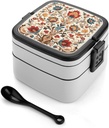 Different Flower Patterns Bento Box Adult Lunch Box All-in-One Lunch Containers with Removable Compartments Double Layer Bento Lunch Box with Spoon And Handle Stackable Lunchbox