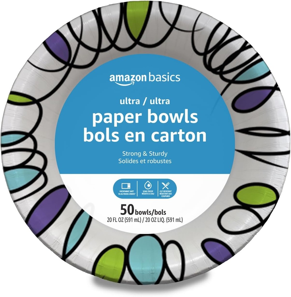 Amazon Basics Ultra Paper Bowls, 20 Oz, Disposable, 50 Count, White (1 pack of 50)