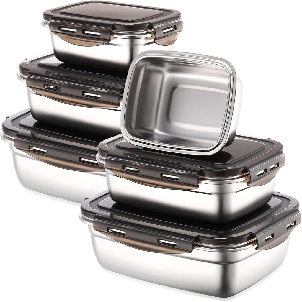 Nuanchu 6 Packs Stainless Steel Food Storage Containers Airtight Metal Food Containers Meal Prep Container Leak Proof Stackable Bento Lunch Box with Lids for Kitchen Travel Picnic and Camping(Black)