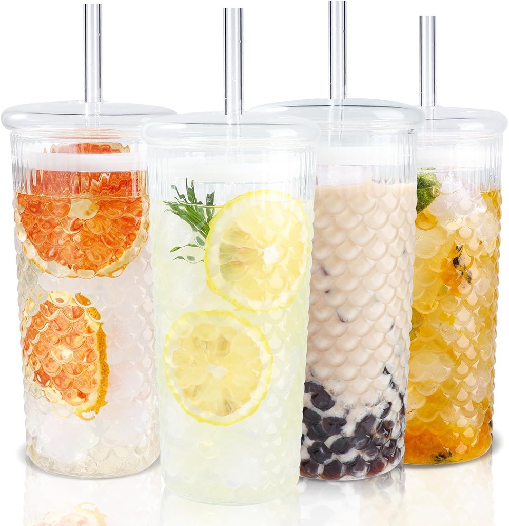 Set of 4 Glass Tumblers with lids and straws, Thickened Glass, Ideal for Water, Iced Coffee, Juice, Milk Tea, Beer, Housewarming Gift (22oz Fish Scale Design)