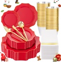 WDF 175Pcs Red Plates - Red Plastic Plates with Gold Rim - Fancy Disposable Dinnerware Sets Ideal for Party/Wedding/Christmas
