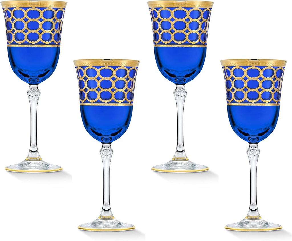 Lorren Home Trends Cobalt Blue White Wine Goblet with Gold Rings, Set of 4