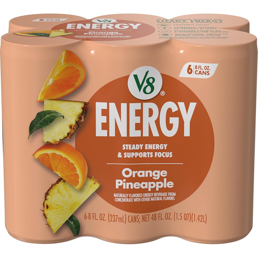 V8 Energy Orange Pineapple Energy Drink, 8 fl oz Can (6 Pack)