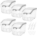 5 Pcs Rice Storage Container with Wheels 28 lb Airtight Flour Cereal Grain Organizer Box with Measuring Cup and Flour Scoops Clear Cube Pet Food Bin for Dog Cat Birds Baking Supplies