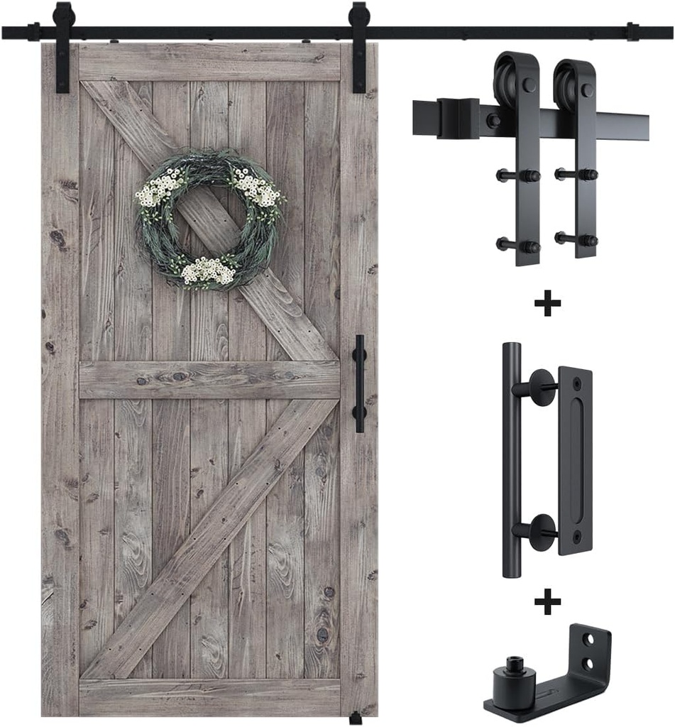 SMARTSTANDARD 6.8FT Sliding Barn Door Hardware Kit (Include 6.8ft Track Kit & Pull Handle Set & Floor Guide), Smoothly and Quietly, Easy to Install, Fit 36"-40" Wide Door Panel (J Shape)