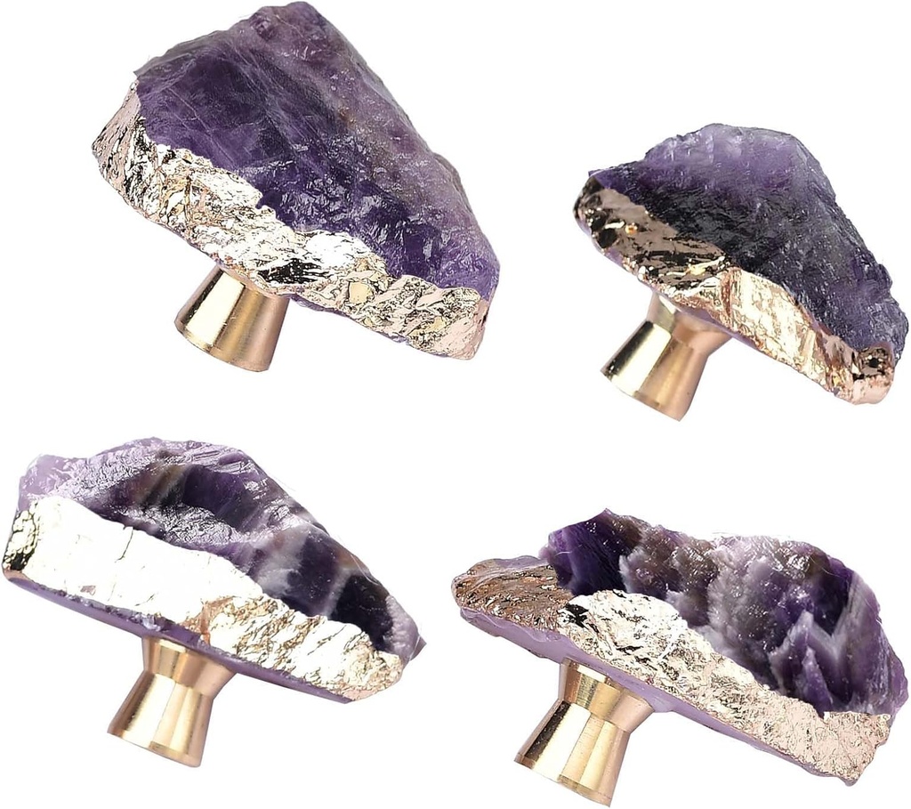 Amethyst Drawer Cabinet Knobs Purple Crystal Stone Knobs Handles Gold Plated Gemstone Cupboard Pulls Decorative for Home Office 4 Pack