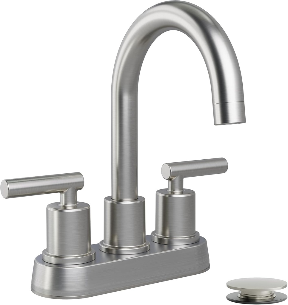 VXV Bathroom Sink Faucet 4 Inch 2 Handle Centerset Modern 360 Rotating Brushed Nickel Water Faucet with Pop-up Drain Stopper Assembly Supply Line Fits 2 Hole