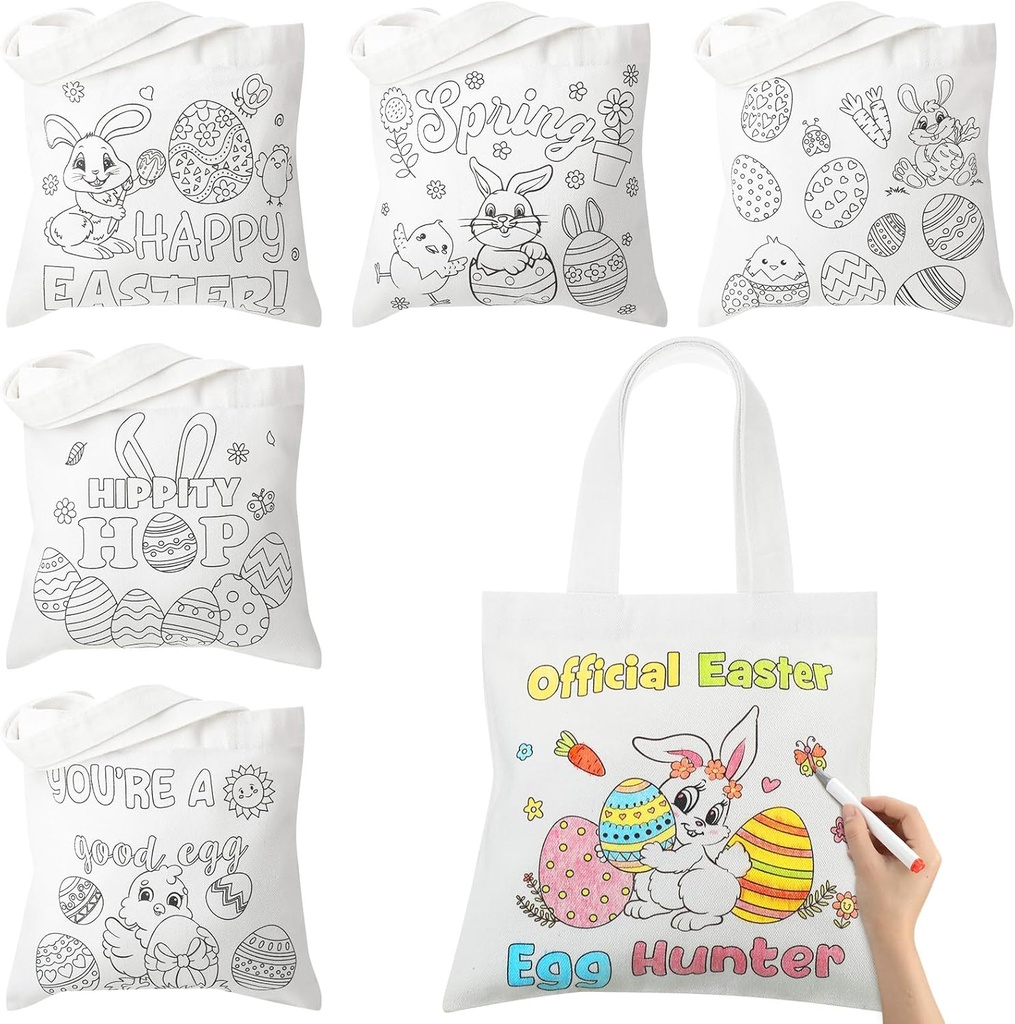 24 Pcs Easter Color Your Own Tote Bag 8.6 x 8.6 Reusable Canvas Coloring Goodie Bags DIY Party Favor for School Home Painting Art Crafts Activities