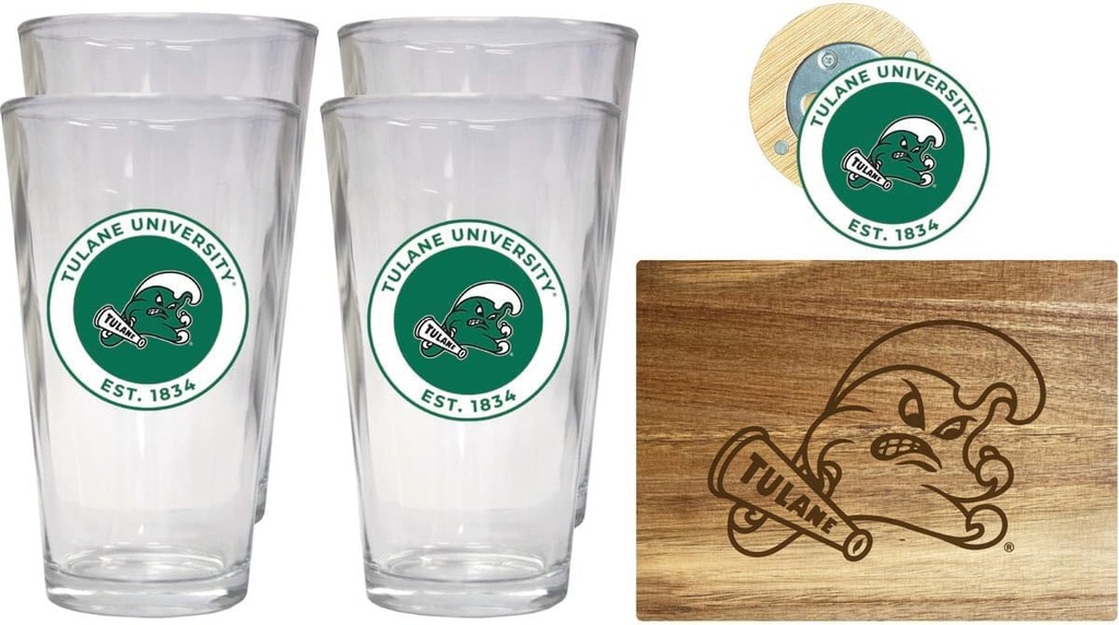 R and R Imports Tulane University Green Wave Officially Licensed Kitchen Pack - Wood Cutting Board, 4 Pint Glasses & Magnetic Bottle Opener