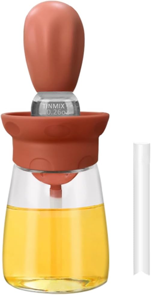 TINMIX Oil Dispenser with Brush - 2 IN 1 Glass Olive Oil Dispenser Bottle with Silicone Basting Brush for Kitchen BBQ Grilling Baking Cooking, T-OB22, Red