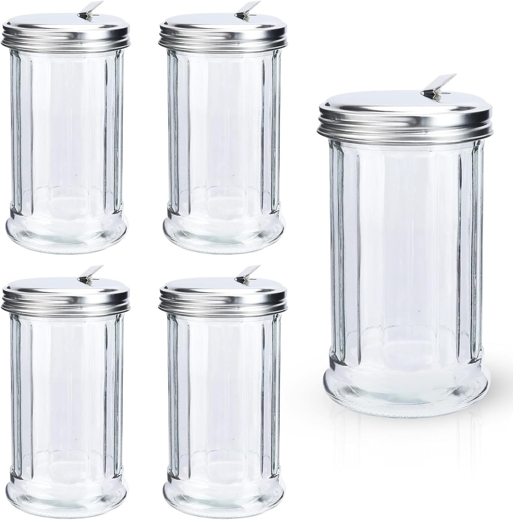 5 Pack Sugar Dispenser, Clear Stylish Retro Glass with Stainless Steel Lid, Kitchen Salt and Spice Shakers for Counter, Coffee, Bar, Restaurant (11.8oz)