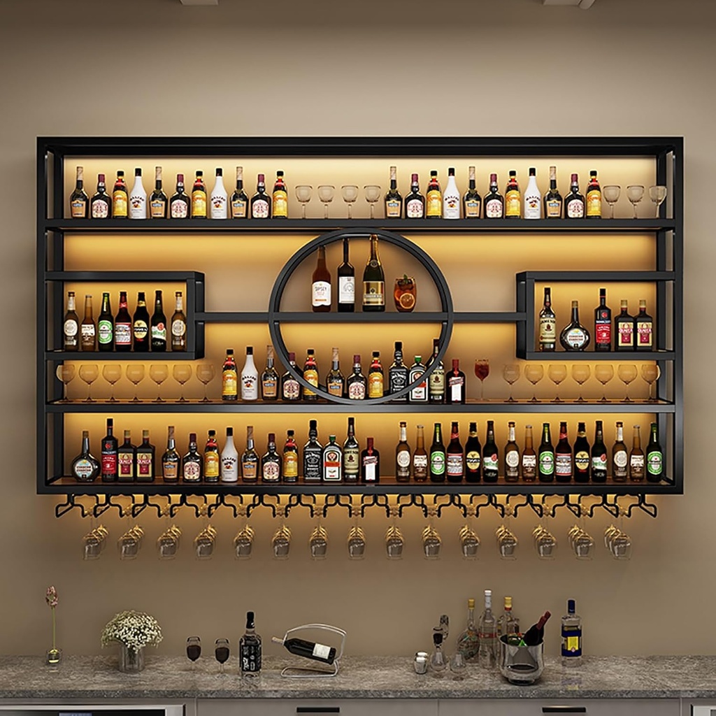 Bar Shelf Wine Rack Wall Mounted with Wine Glass Holder with LED Light,Floating Bar Shelves,Iron Liquor Bottle Display Shelf,Hanging Metal Wine Storage Racks for Kitchen,Wine Cellar,Black/Go