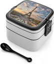 French Paris Tour Eiffel Tower Bento Box Double-Layer Bento Lunch Container with Spoon And Invisible Handle Adult Leak-Proof Lunchbox for Dining Out Work Picnics Travel