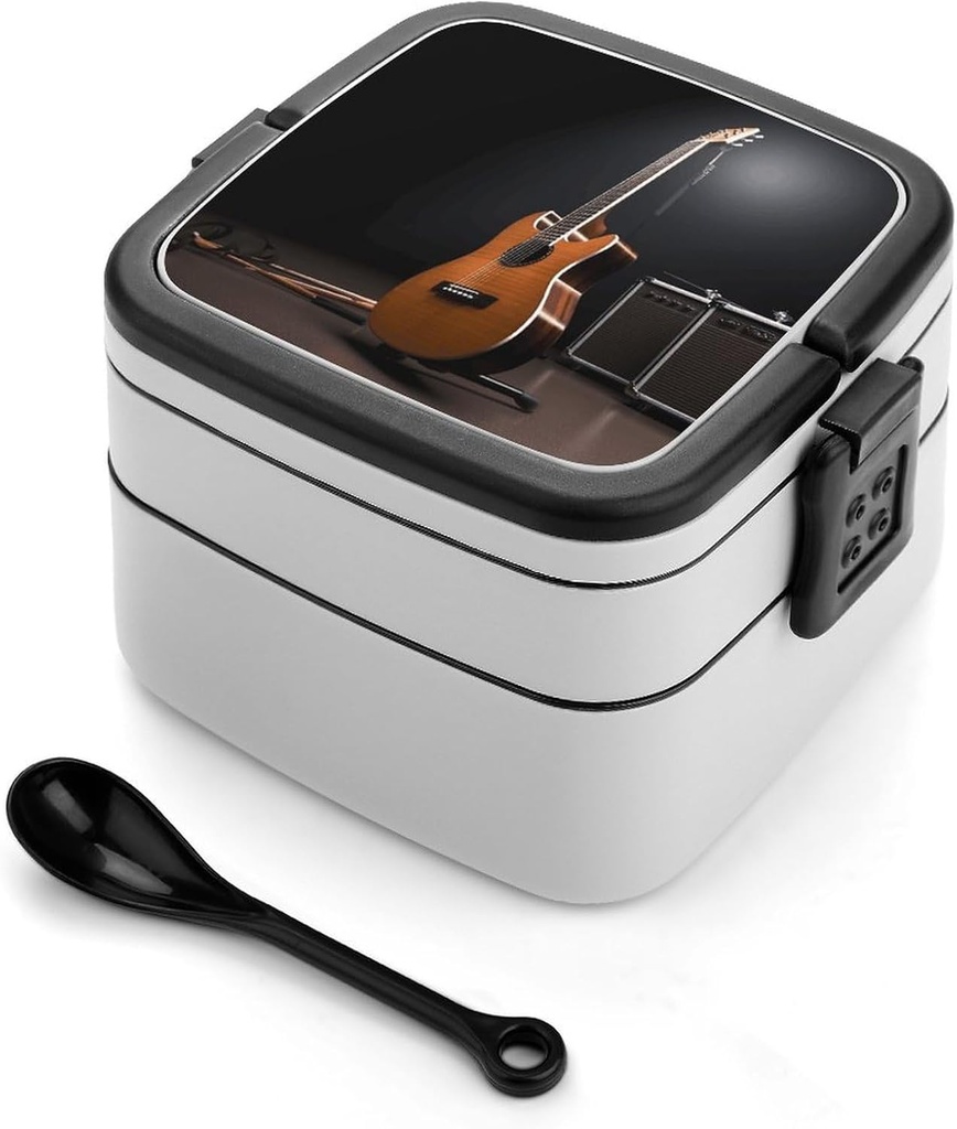 Adult Double-Layer Bento Box Musical Instrument Guitar Portable Lunch Box with Spoon And Invisible Handle Leakproof Microwave-Safe Food Container for Work Travel Camping
