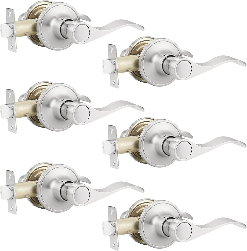 6 Pack No Lock Passage Door Lever Handle, Reversible Door Handles Without Locking for Right/Left Handed Door, Satin Nickel Wave Style Lever Set for Interior/Exterior Use