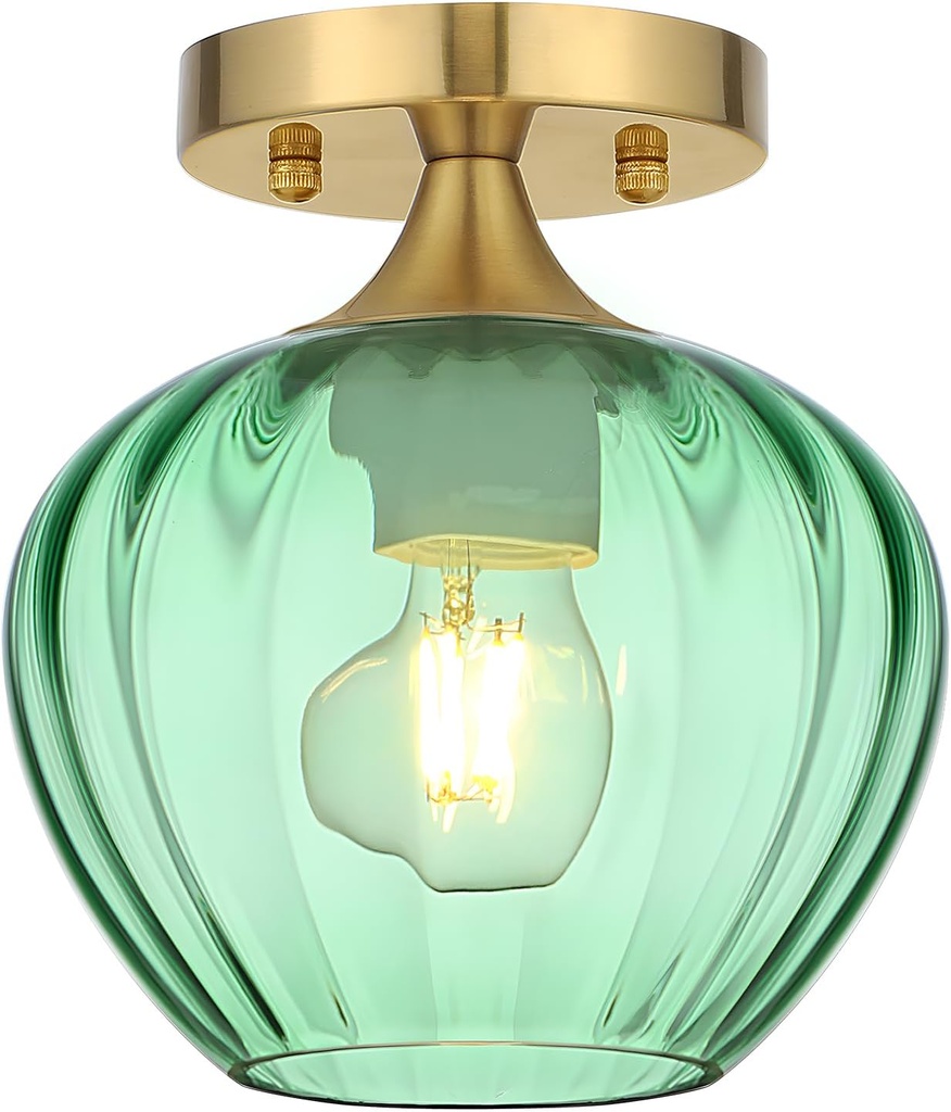 Green Glass Ceiling Light Fixture, 7" Modern Small Semi Flush Mount Ceiling Light with Glass Shade Brushed Gold Lighting Fixtures Ceiling Lamp for Hallway Entryway Foyer Sink Bathroom