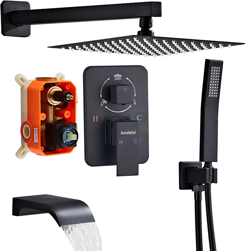 10" Matte Black Shower Faucet Set – Square Rainfall Showerhead + Handheld & Waterfall Spout, Wall-Mounted, Anti‑Clog Silicone – Modern Bathroom Hardware