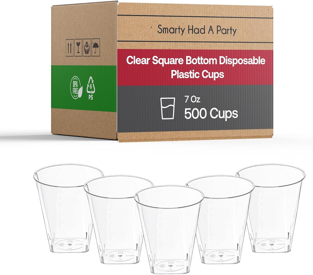 Smarty Had A Party 7 oz Clear Plastic Tumblers – Set of 500 Disposable Cups for Cocktails, Iced Coffee, and Parties – Elegant Plastic Tumbler Cups