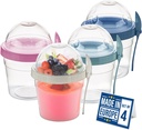 Crystalia 4 Pack 17 oz On The Go Yogurt Parfait Cups with Lids, Topping Compartment & Spoons, Cereal Oatmeal Salad or Fruit Container - Reusable Leak Proof Container - Colorful