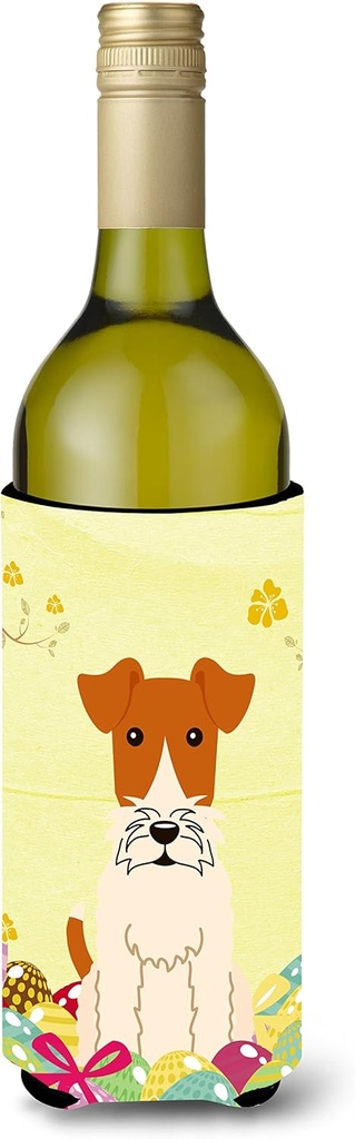 Caroline's Treasures BB6101LITERK Easter Eggs Wire Fox Terrier Wine Bottle Hugger Bottle Cooler Sleeve Hugger Machine Washable Collapsible Insulator Beverage Insulated Holder
