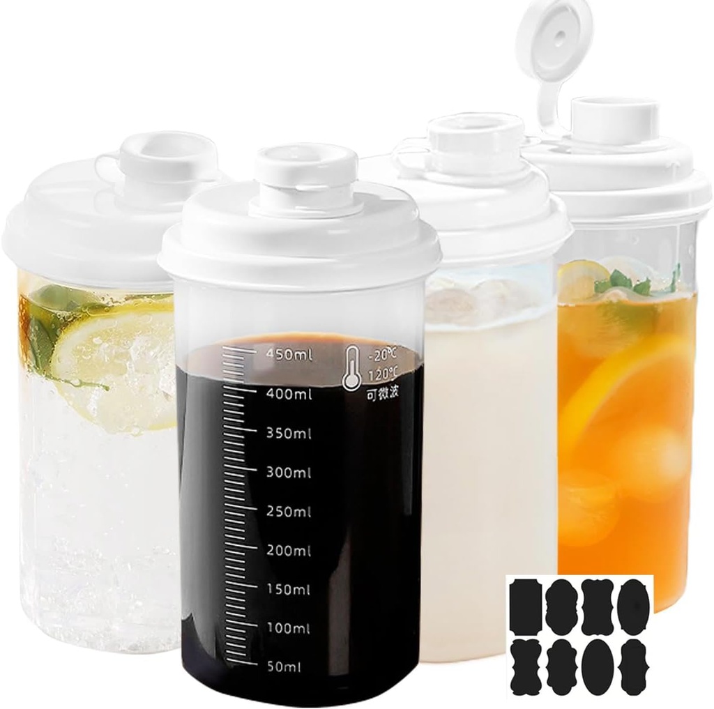 4 Pack Plastic Milk Bottle with Dispenser, 16.9 OZ Juice Bottles with Lid, Reusable Drinking Bottles with Scale, Breastmilk Storage Container, Water Bottle with Pour Spout for Coffee Syrup, Honey