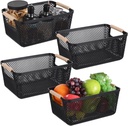 4 Pcs Plastic Mesh Baskets, Storage Baskets with Wooden Handles, Small Cabinet Organizer Bins, Stackable Closet Baskets for Fruits, Snacks, Cosmetics, Ideal for Kitchen Pantry, 10.8×7.3×4.8"