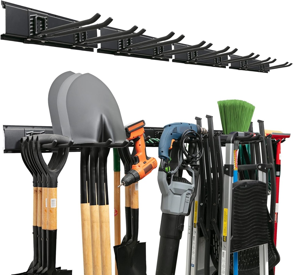TIDYME Garage Tool Organizer Wall Mount - 64 inches - Sturdy Storage Rack with Adjustable Hooks, Anti-Rust - Easy Installation, 400lbs Capacity - Garden Tool Organizer (04 Racks & 08 Hooks)