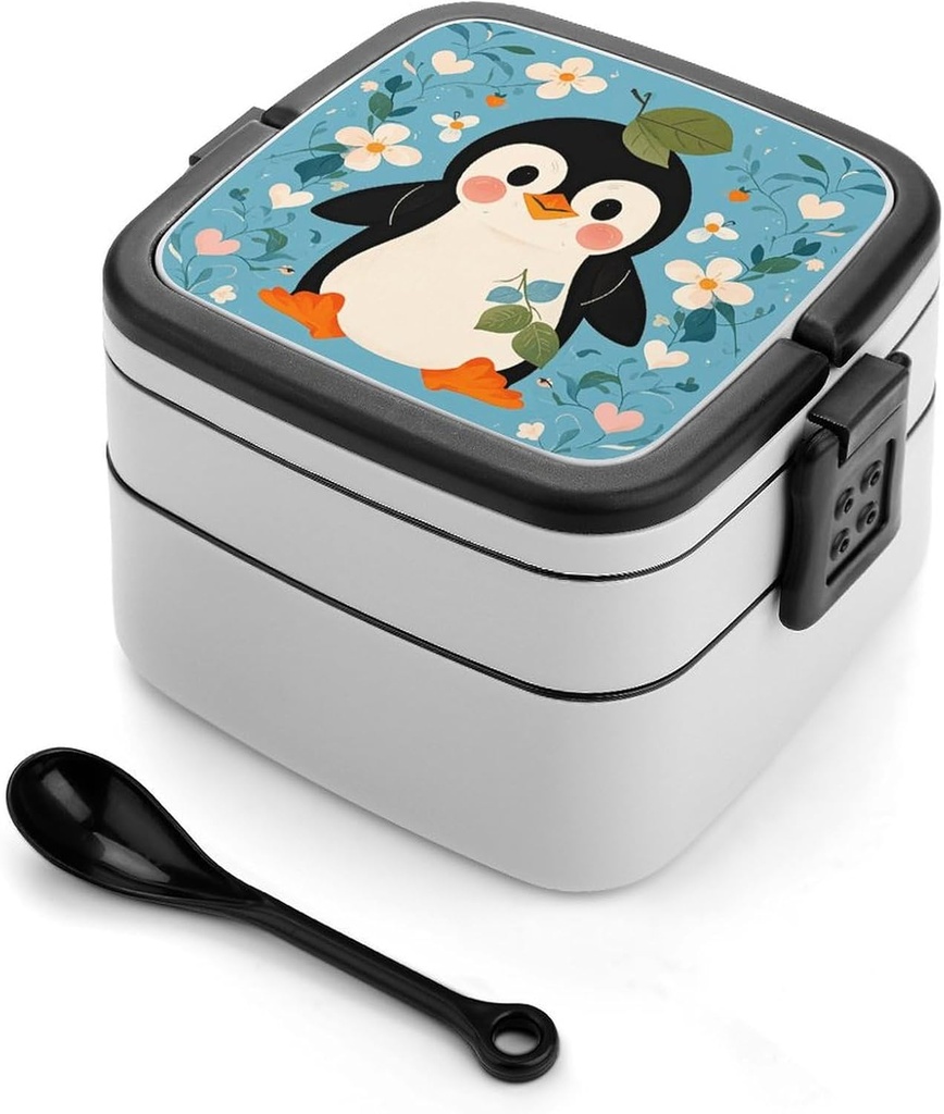Cute Penguin Print Bento Box Double Layer Lunch Box for Adults with Spoon And Handle Stackable Lunchbox Leakproof Lunch Container for Work Picnic Travel