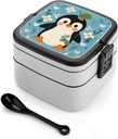 Cute Penguin Print Bento Box Double Layer Lunch Box for Adults with Spoon And Handle Stackable Lunchbox Leakproof Lunch Container for Work Picnic Travel