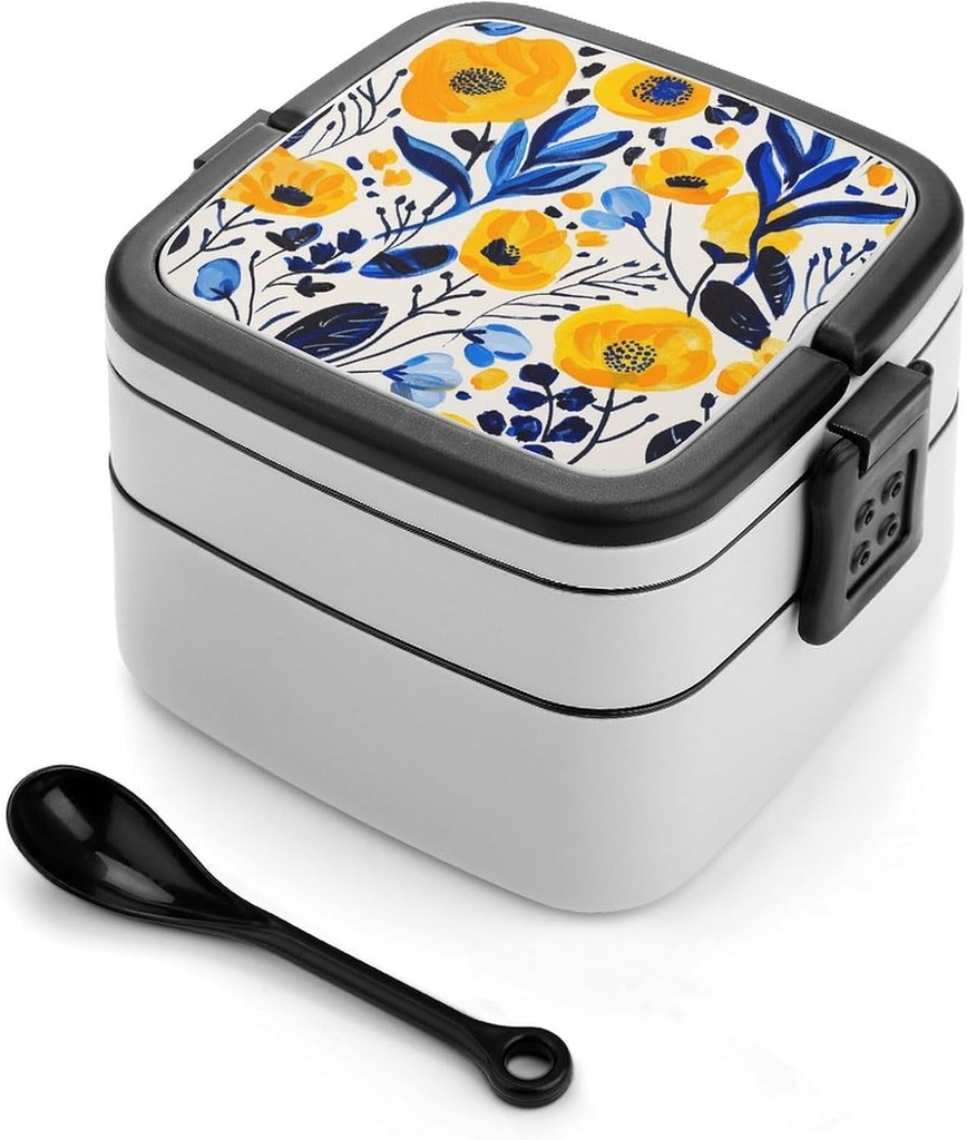 Yellow And Blue Flowers Bento Box Double-Layer Bento Lunch Container with Spoon And Invisible Handle Adult Leak-Proof Lunchbox for Dining Out Work Picnics Travel