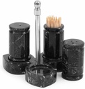 Marble Salt and Pepper Shakers Set of 3 Handmade Black Stone Spice Shakers 0.8 oz with Tray & Toothpick Holder, Elegant Kitchen Countertop Set for Dining Table, Saleros Decorativos – Christmas Gift