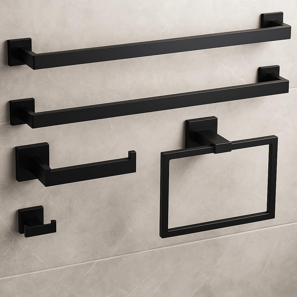 Matte Black 5-Piece Bathroom Hardware Set， INDARE Towel Rack for Bathroom Wall Stainless Steel， Black Bathroom Accessories Set 23.8-Inch