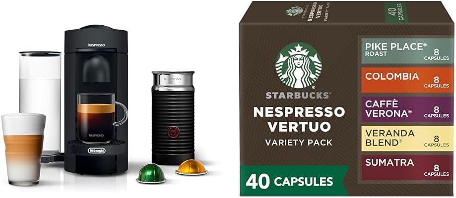 De'Longhi Nespresso Vertuo Plus Deluxe Coffee and Espresso Maker, Matte Black with Aeroccino Milk Frother + Starbucks by Nespresso Capsules, Vertuo Line