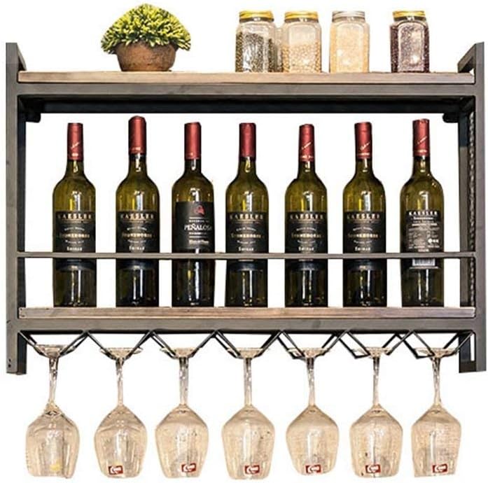 Wine Rack with Glass Wall Wooden Wine Rack, Metal Wall Shelf for Wall Shelf Wine Bottle Holder Vintage Cellar Wine Cellar (Black), 80×20×55cm