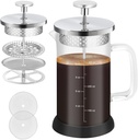 Mini French Press Coffee Maker-304 Stainless Steel Grilles, Borosilicate Glass Small Coffee Press,Non-slip Silicone Base-12 oz /350 ml with 2 Filter Screen-2 Cup Teapot