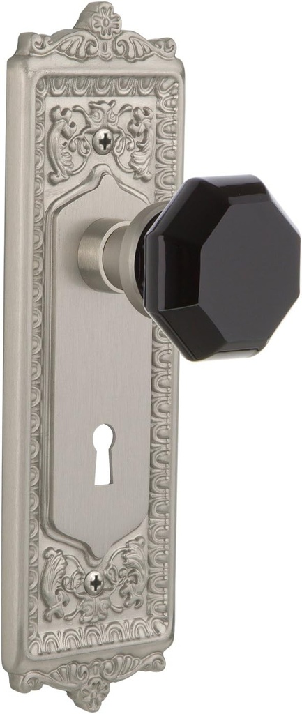 Nostalgic Warehouse 721595 Egg & Dart Plate with Keyhole Passage Waldorf Black Door Knob in Satin Nickel, 2.75