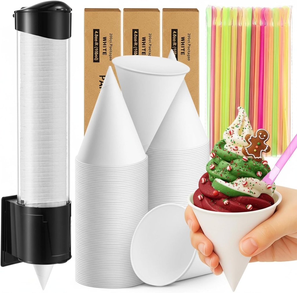 Roshtia 600 Pcs 4 oz Paper Snow Cone Cups with 600 Pcs Straw Spoon and Cups Dispenser Thicken Disposable Cone Cup Pull Type Wall Mount for Restaurants Home Office and Shaved Ice