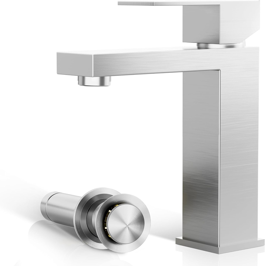 Phiestina Single Hole Brushed Nickel Square Single Handle Bathroom Vanity Faucet with Metal pop up Drain with Deck Plate, Overflow & Water Supply line, BF3530-BN