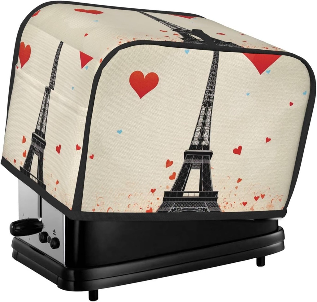 Eiffel Tower Heart Airplane Pattern Toaster Cover 2 Slice, Two Slice Bread Machine Covers Quilted Toaster Dust Cover Universal Size Kitchen Small Appliance Cover With Top Handle