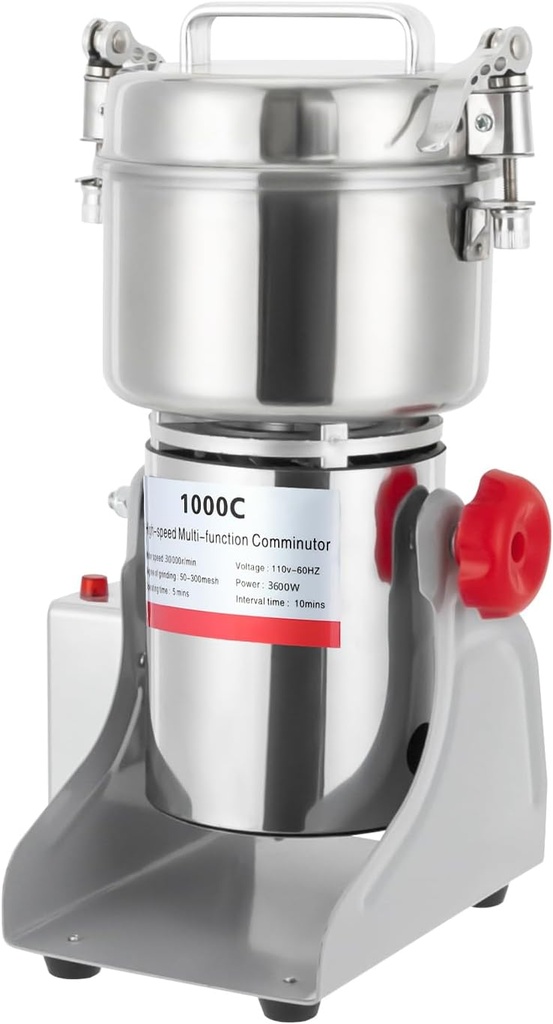 1000g Electric Grain Grinder Mill, 3600W Dry Cereals Pulverizer Commercial Superfine Grinding Machine 50-300 Mesh for Spices, Coffee Beans, Seasonings Timing 1-5 Minutes (1000g/3600W)