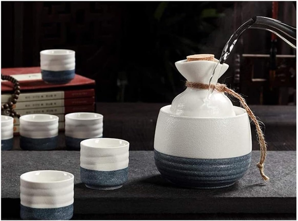 Sake Wine Set, Wine Glass,Ceramic Sake Set 8 Piece Sake Pot Set Ceramic Warm Wine Set Japanese Ceramic Sake Set Hand-Painted Blue Sake Set, 6Sake Cups, 1 Sake Bottle, 1 Warm Wine Pot