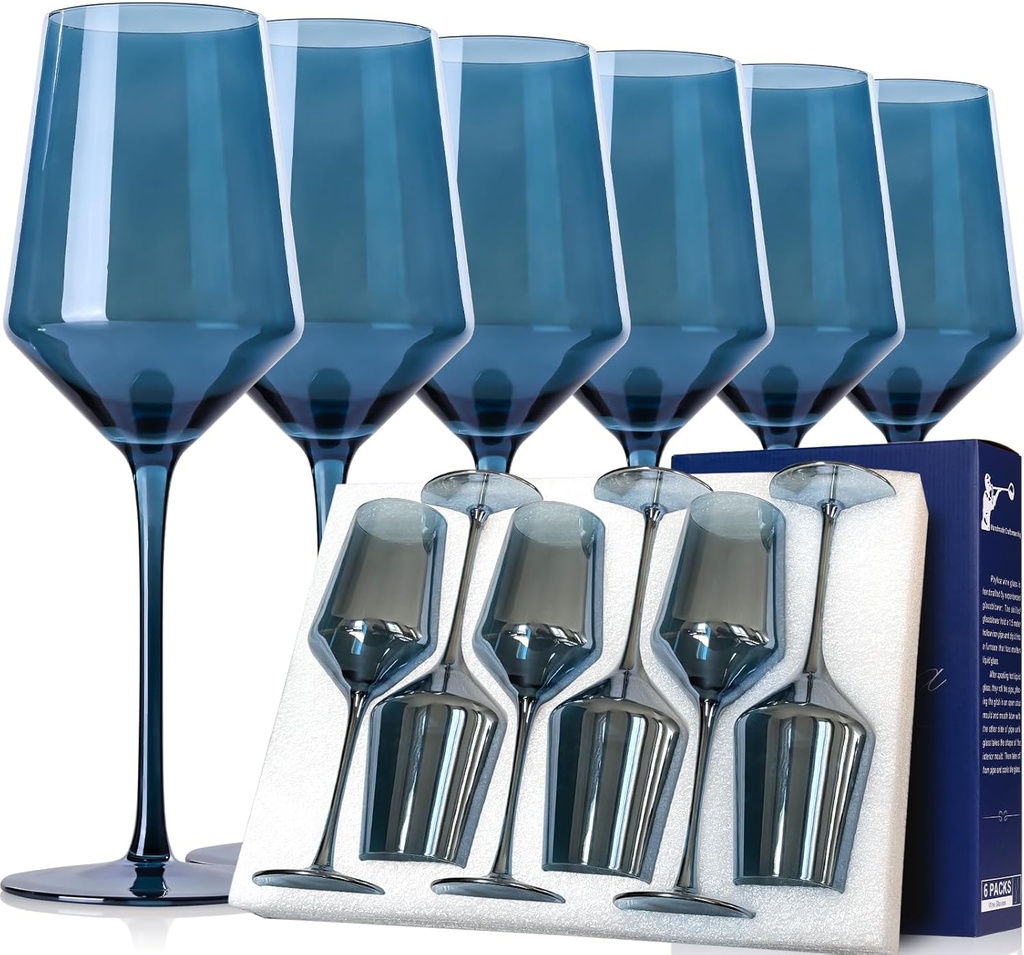 Midnight Blue Wine Glasses Set of 6-15oz Hand Blown Blue Wine Glasses Set for Party Wedding Home Bar, Christmas and New Year Gifts