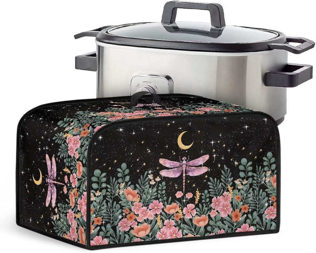 Vintage Floral Dragonfly Print Slow Cooker Cover for Crock Pot and Hamilton Beach 6-8 qt Slow Cooker, Washable Kitchen Appliance Cover for Slow Cooker Keep Clean