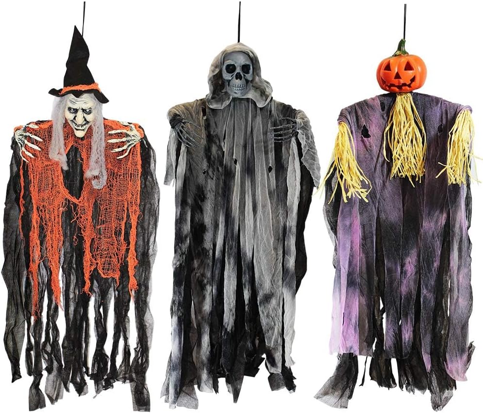 JOYIN 3 Pack 35” Hanging Ghosts Witch Pumpkin Decor Hanging Halloween Decorations Outdoor Halloween Decor, Scary Flying Witch Grim Reapers Haunted House Front Porch Decor Yard Garden Lawn Party