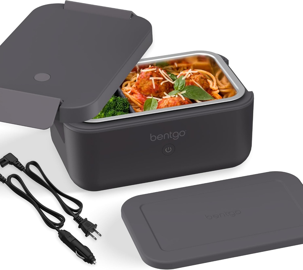 Bentgo Heat - Electric Lunch Box - Portable Food Warmer for Adults, Heated Lunch Box for Work, Travel, School & On the Go, Plug Into Wall or Car, Ideal for Ages 14+, 12V/24V & 120V Cords (Obsidian)