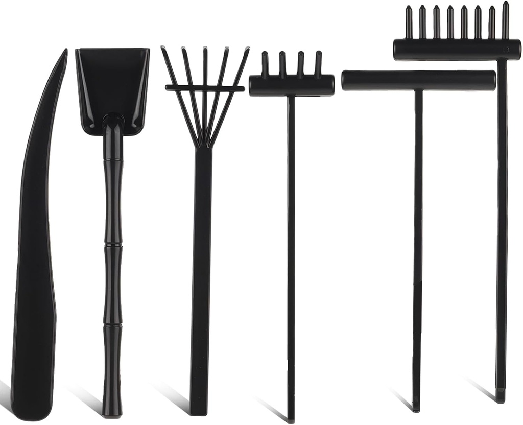 6Pcs Mini Zen Garden Kit - Desktop Sandbox With Black Rake Tools, Meditation Sand, Rock Push Drawing Pen Toy, and Accessories