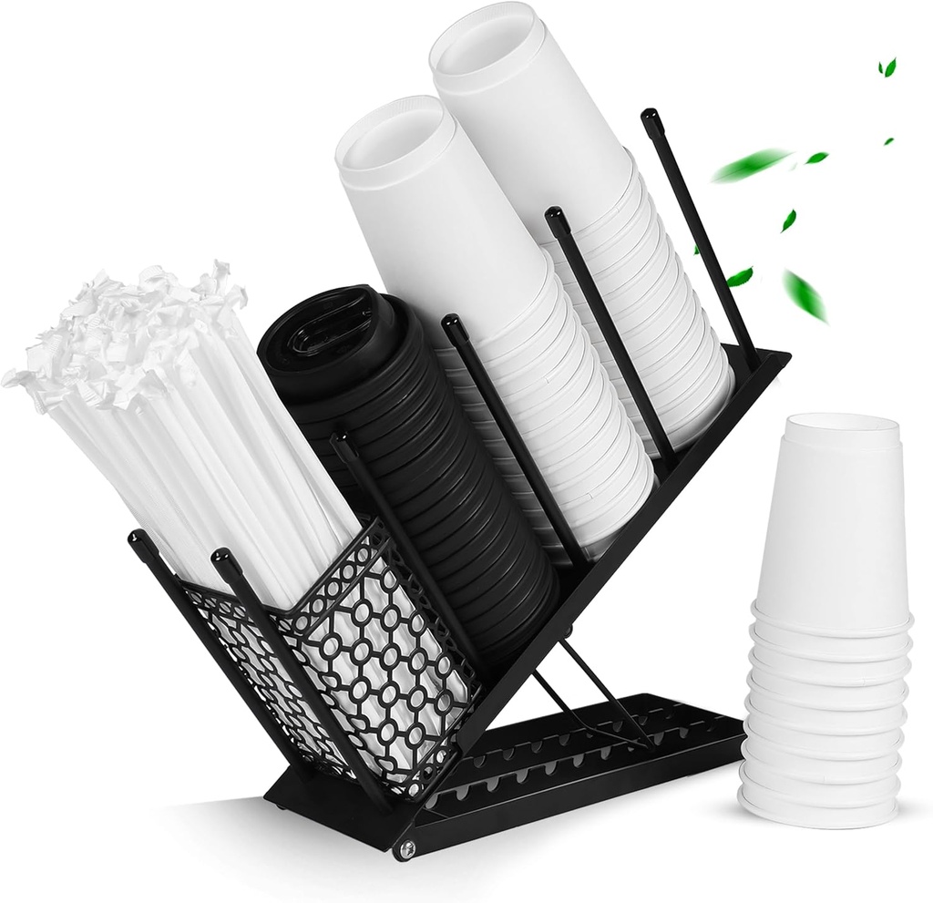 Oslow Cup Dispenser - Heavy-Duty Metal Coffee Cup Holder for Countertop with Adjustable Height - Cup Organizer for Restaurant, Cafe, Office Kitchen or Break Room, Home Coffee Bar - 11.5x4.5x15", Black