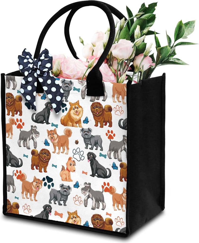 Cute Puppy Doggie Canvas Tote Bag For Women - Travel, Shopping, Gym - Dog Lover Gift With Ribbon - Aesthetic Beach Tote Bag For Women Dog Owners Friends