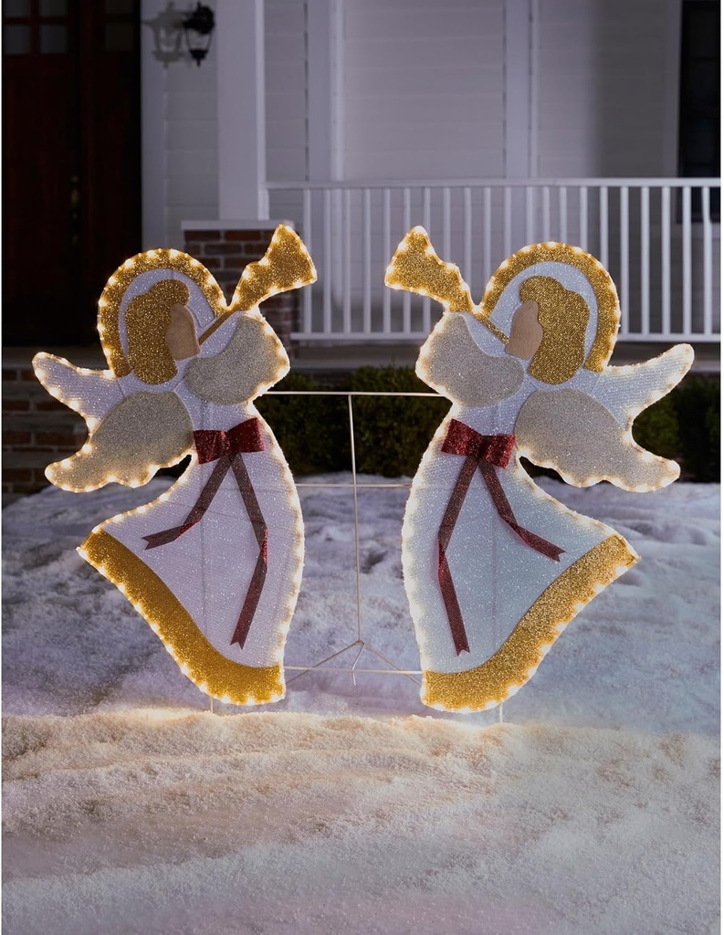 BrylaneHome Set of 2 Pre-Lit Outdoor Angels - Red White Gold