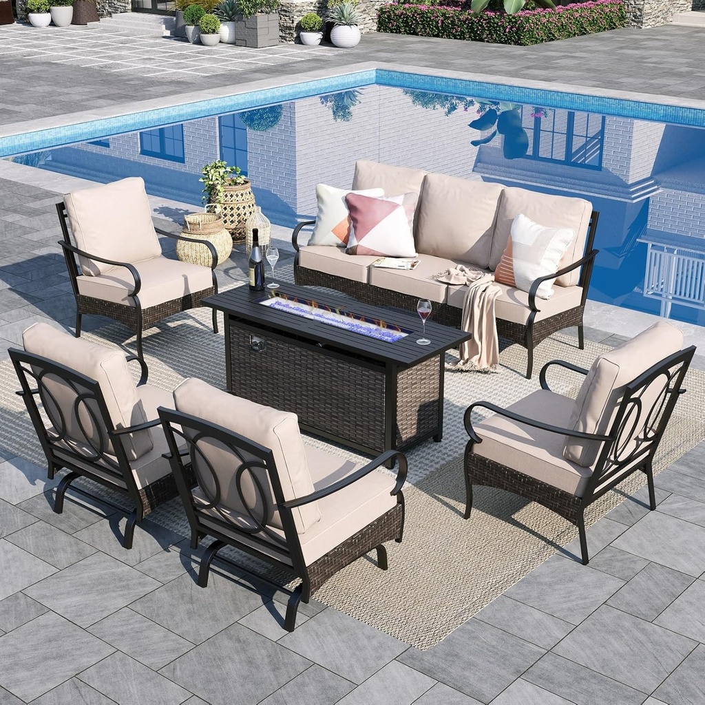 Sophia & William Patio Furniture Set with Fire Pit Table, 5 PCS Metal Outdoor Conversation Set with Fire Pit Table, 4 Sofa Chairs, 3-Seater Couch for Outdoor Seating, Backyard, Porch(Beige)